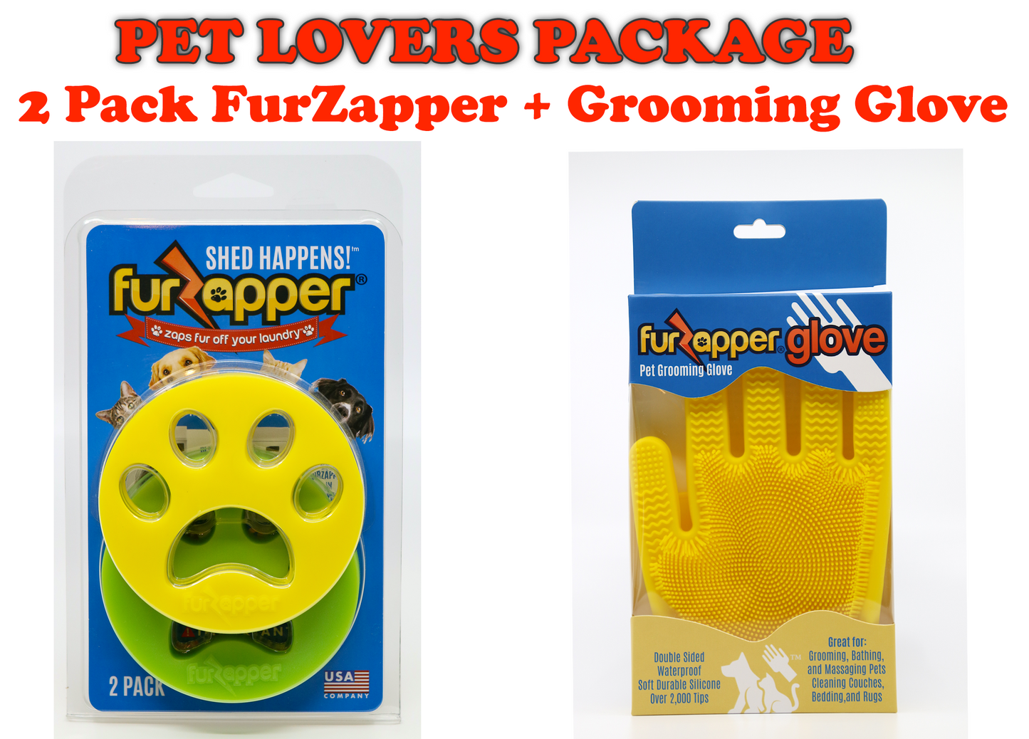 PET LOVERS PACKAGE BUNDLE  2 Pack FurZapper + Grooming Glove