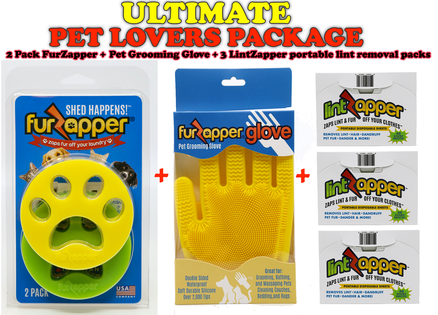 ULTIMATE PET OWNER BUNDLE - includes 2 FurZappers, 1 Grooming Glove, 3 LintZapper packs